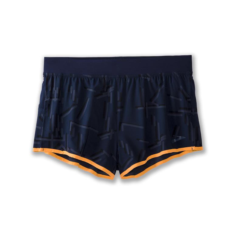 Brooks Sherpa 3 Split Running Shorts - Men's - Navy Geo Emboss/Fluoro Orange (41389-QMUF)